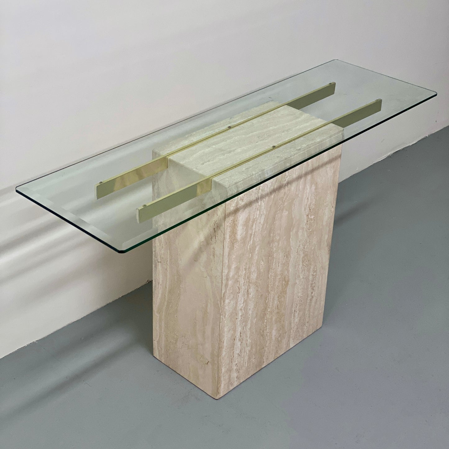 ARTEDI TRAVERTINE AND GLASS CONSOLE TABLE