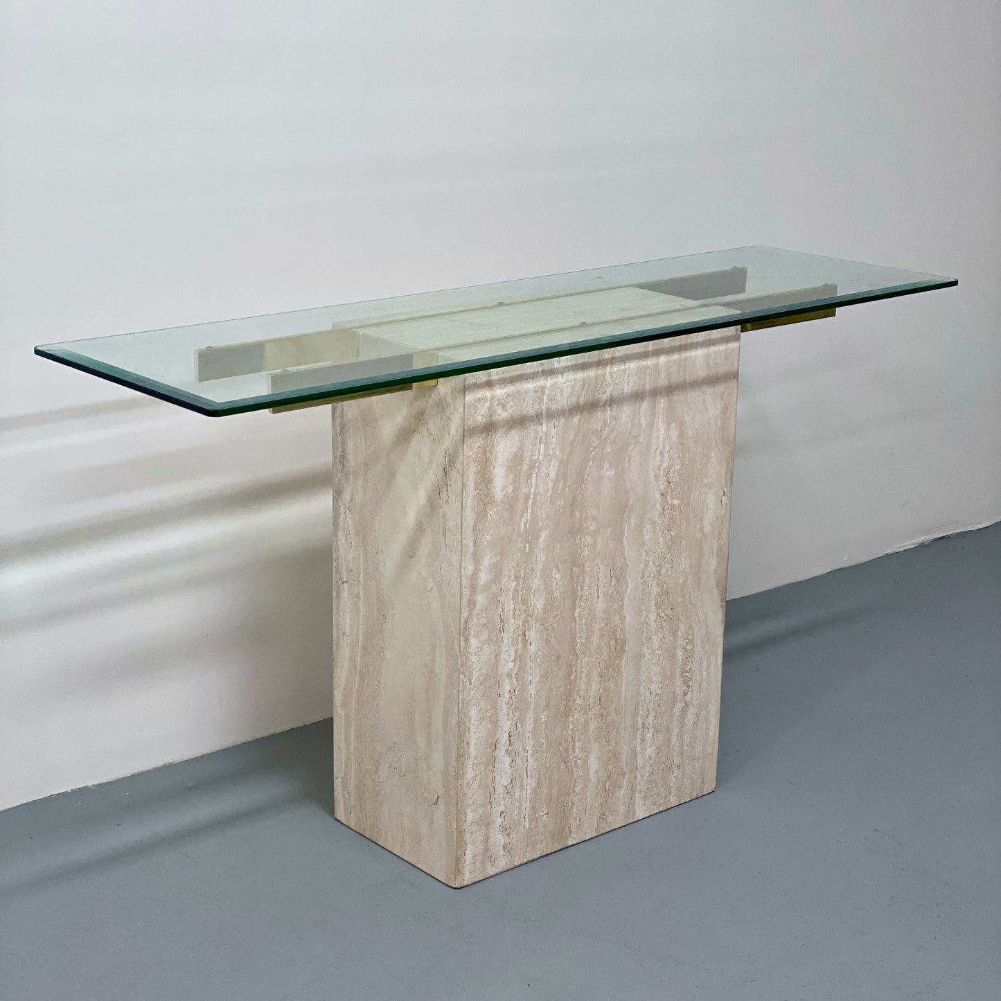 ARTEDI TRAVERTINE AND GLASS CONSOLE TABLE