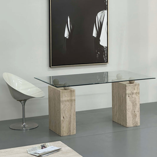 1970's TRAVERTINE AND GLASS DINING TABLE