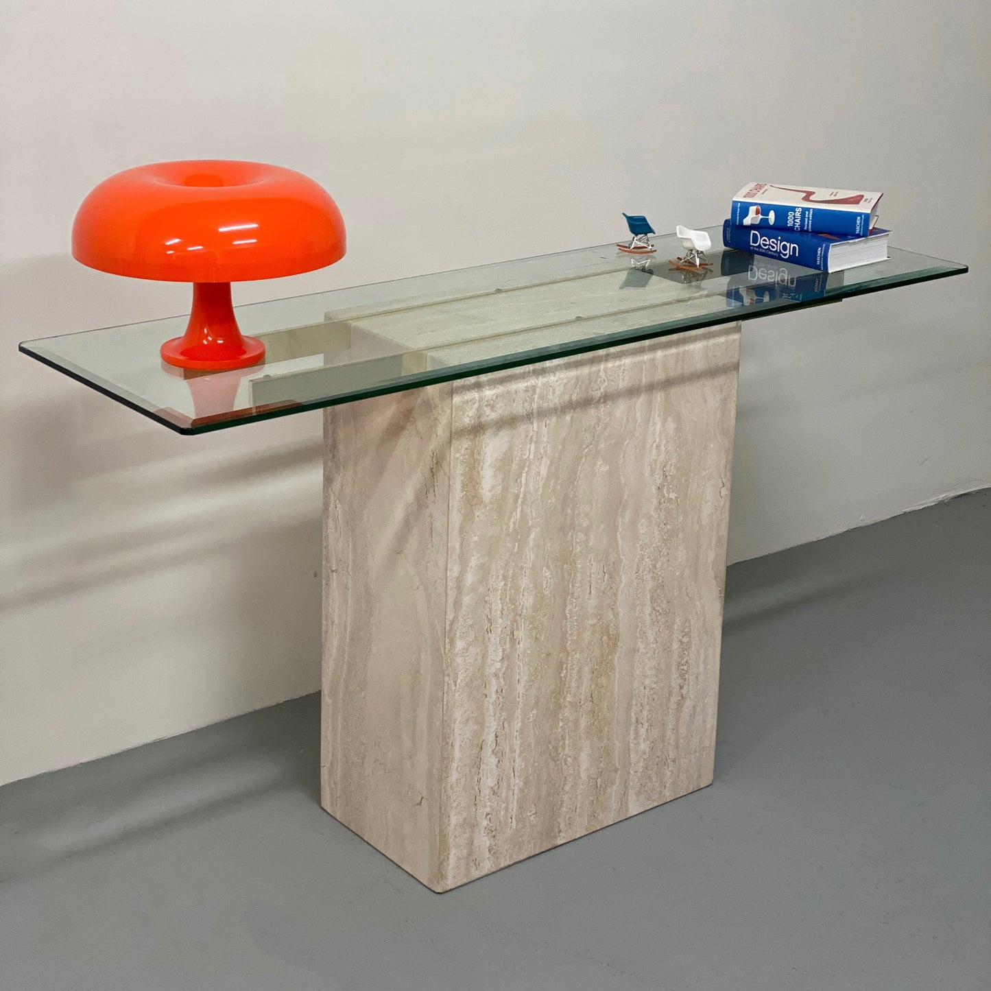 ARTEDI TRAVERTINE AND GLASS CONSOLE TABLE