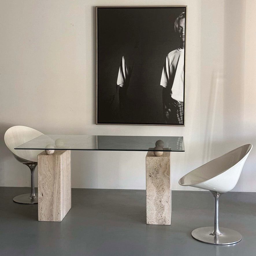 1970S ITALIAN TRAVERTINE DOUBLE PEDESTAL DINING TABLE