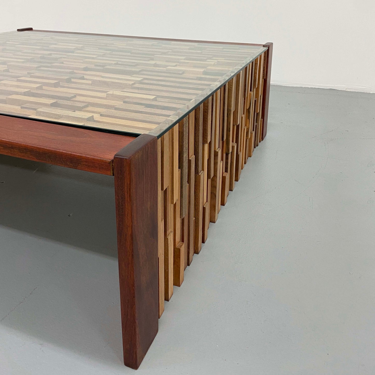 BRAZILIAN MAHOGANY & GLASS COFFEE TABLE BY PERCIVAL LAFER