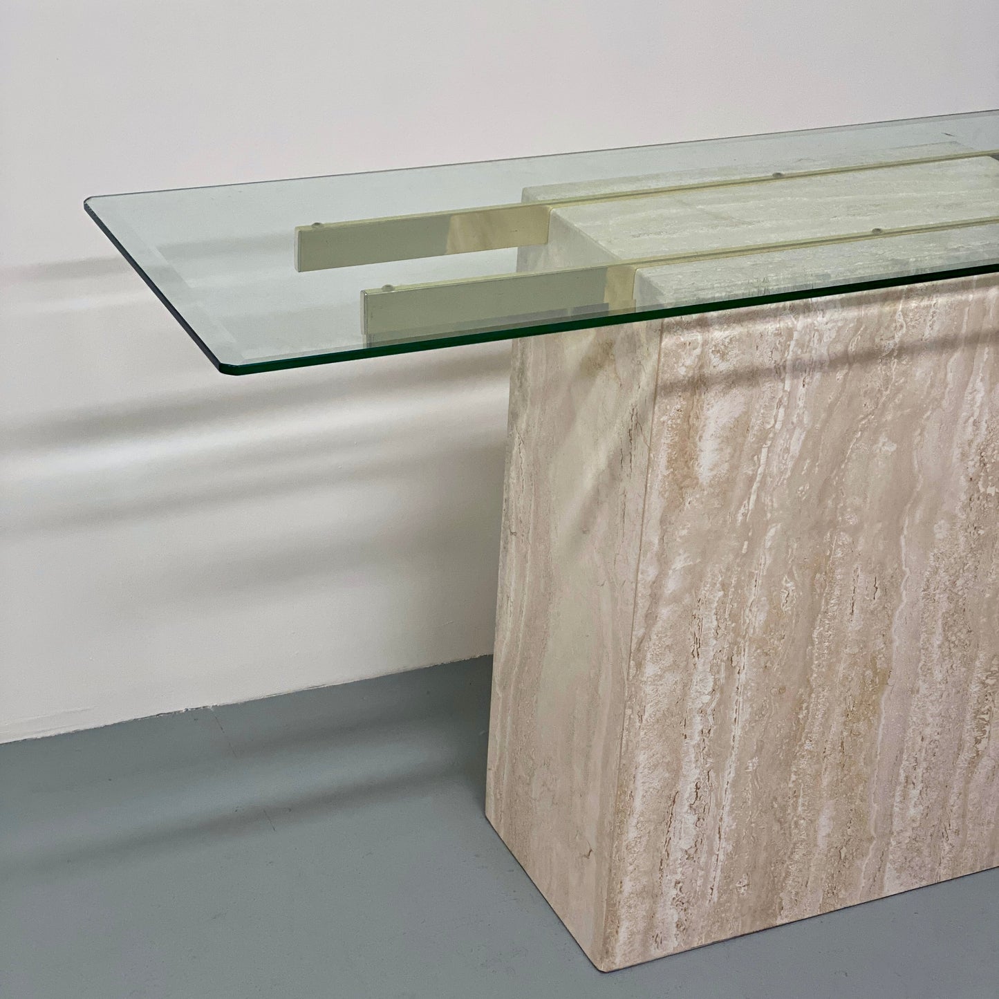 ARTEDI TRAVERTINE AND GLASS CONSOLE TABLE