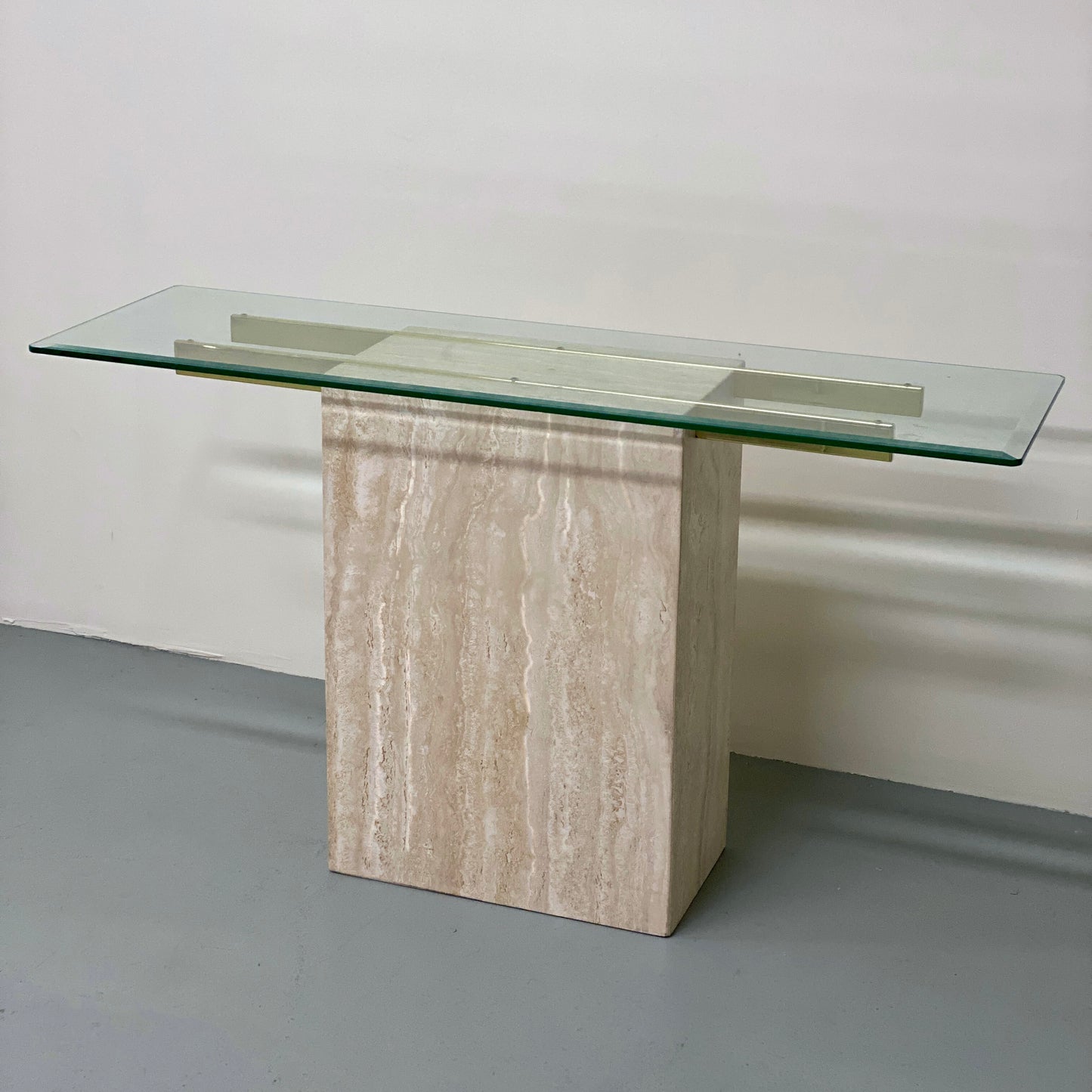 ARTEDI TRAVERTINE AND GLASS CONSOLE TABLE