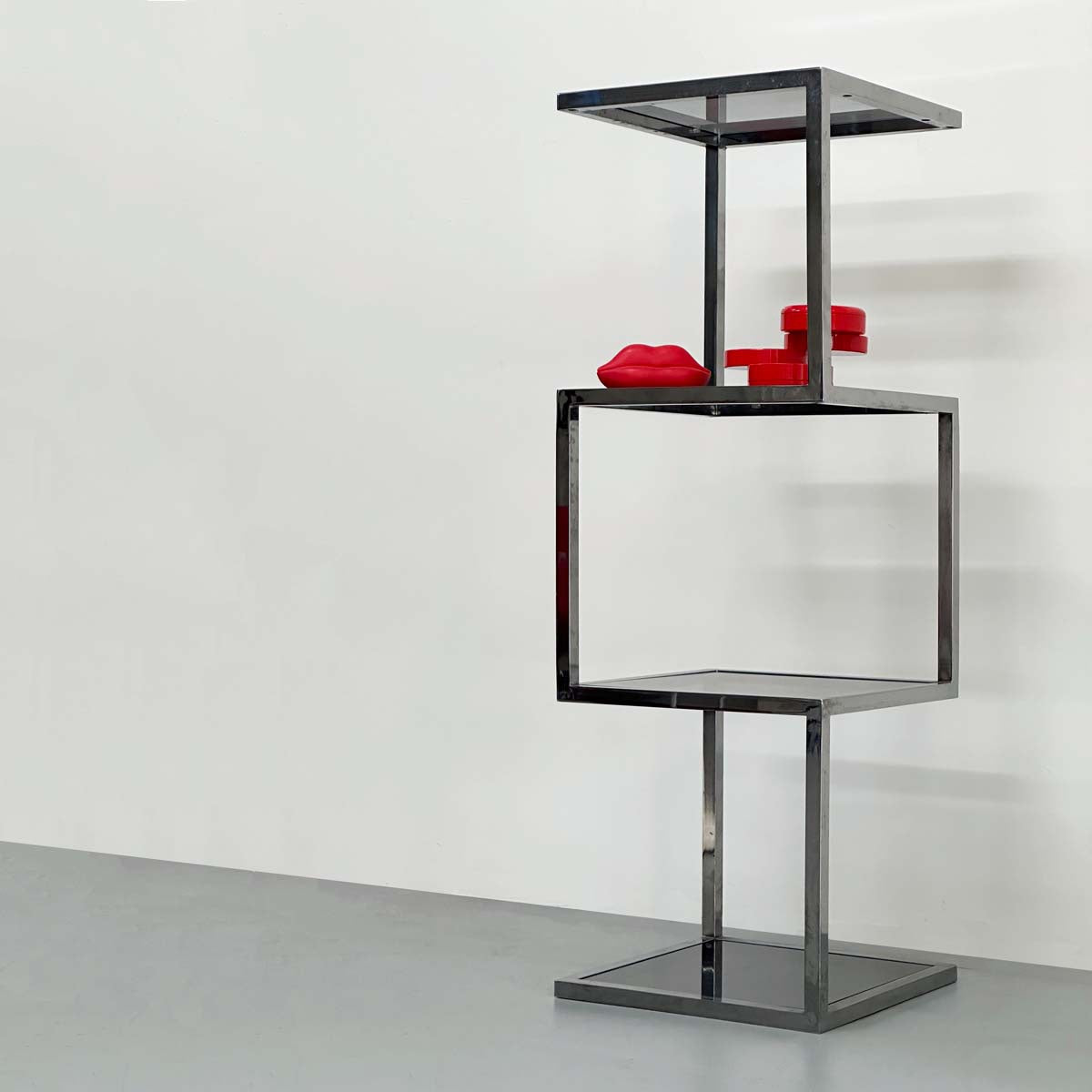 STACKED CUBE CHROME ETAGERE WITH SMOKED GLASS SHELVES