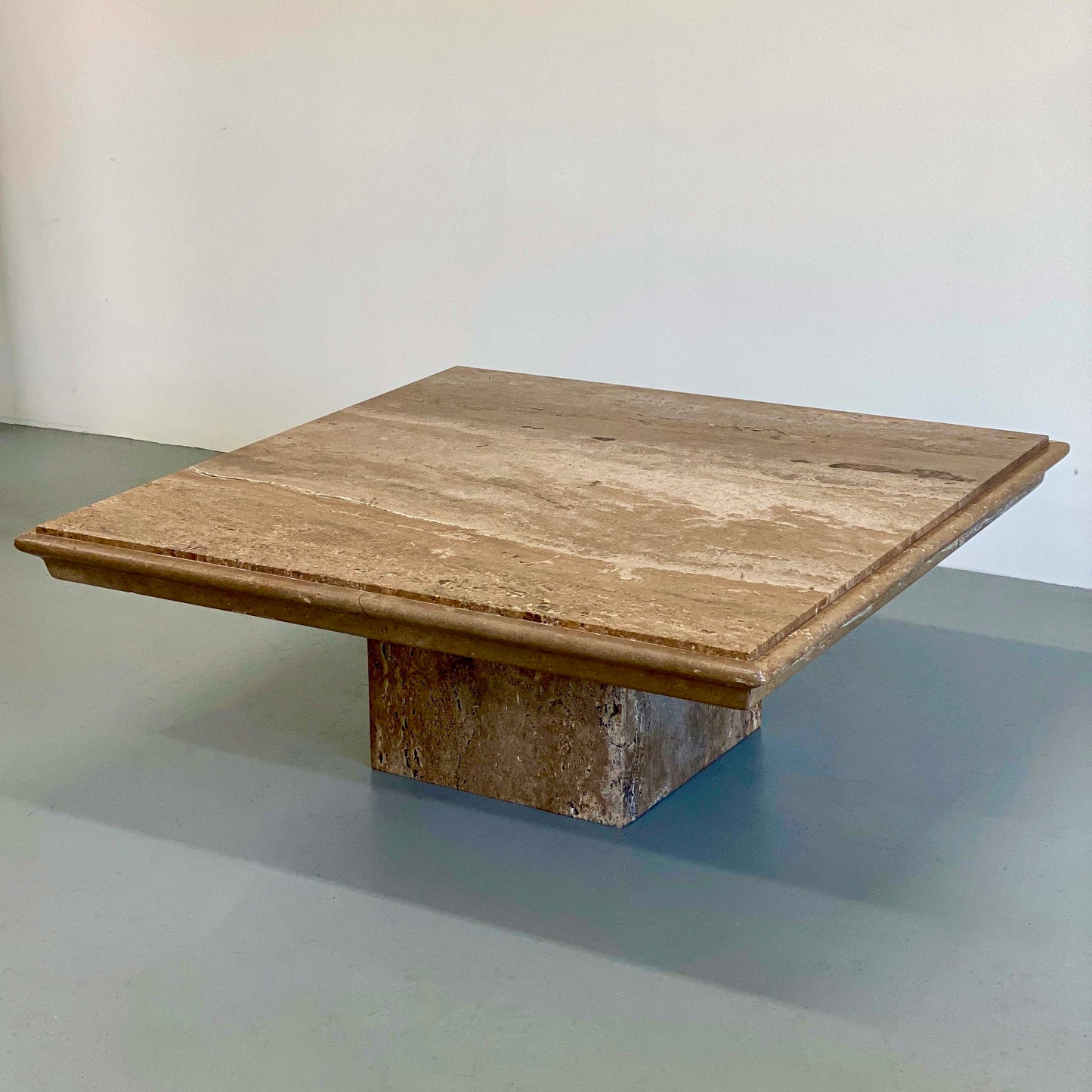 1980s WALNUT TRAVERTINE SQUARE PEDESTAL COFFEE TABLE