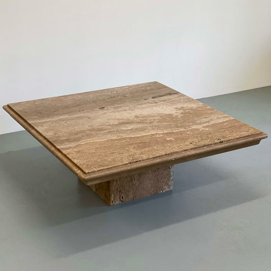 1980s WALNUT TRAVERTINE SQUARE PEDESTAL COFFEE TABLE